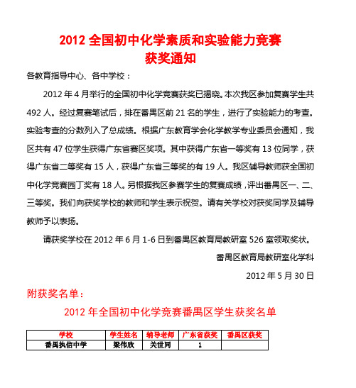 2012全国初中化学素质和实验能力竞赛