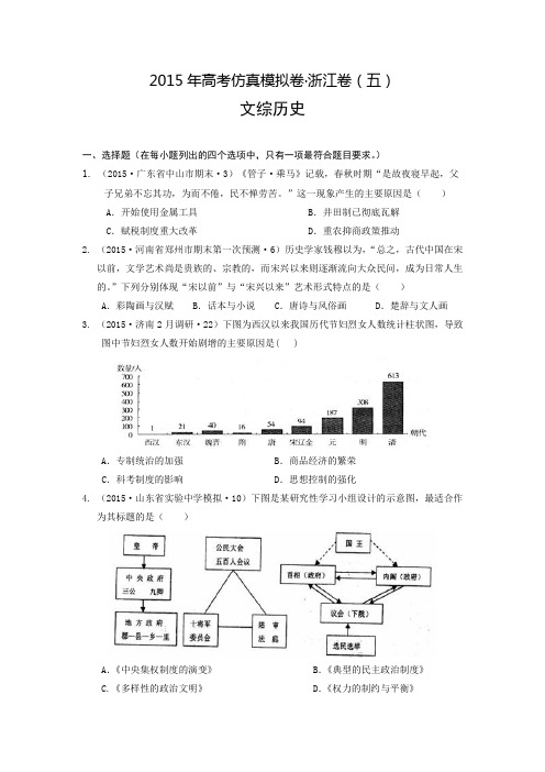 2015年高考仿真模拟卷·浙江卷(五)文综历史试题(附答案解析)