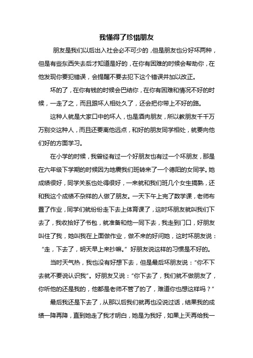 初一作文：我懂得了珍惜朋友作文600字