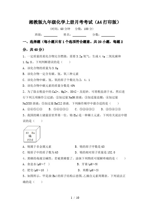 湘教版九年级化学上册月考考试(A4打印版)