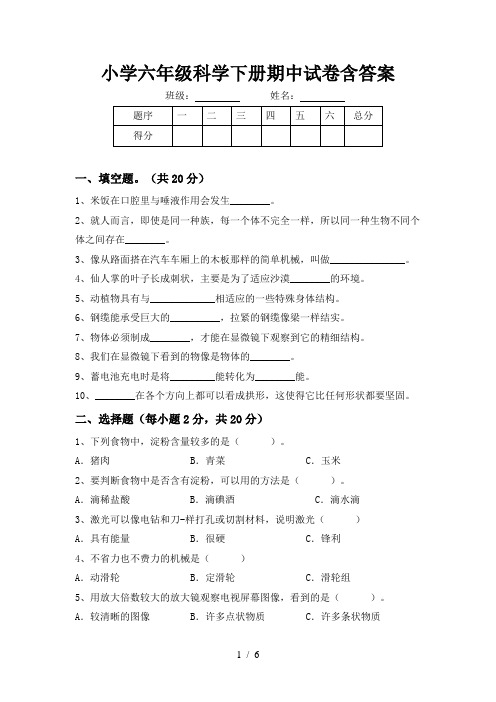 小学六年级科学下册期中试卷含答案