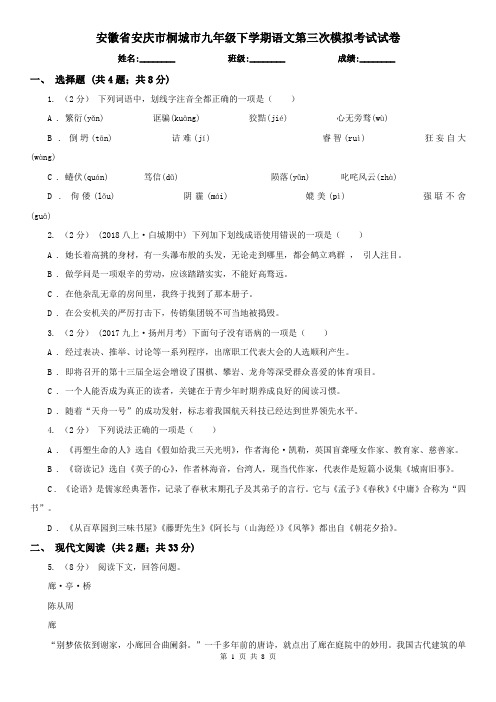 安徽省安庆市桐城市九年级下学期语文第三次模拟考试试卷