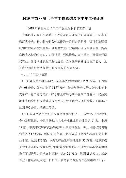 2019年农业局上半年工作总结及下半年工作计划