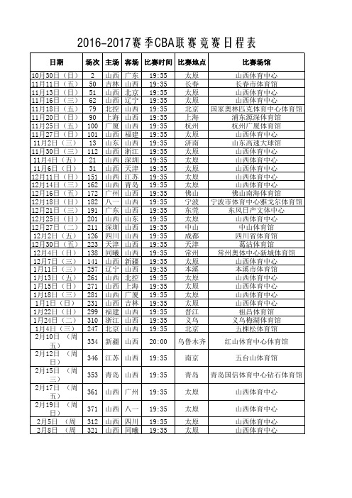 2016-2017赛季CBA联赛 山西 竞赛日程表