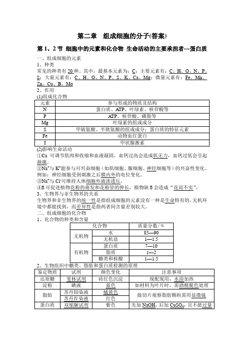 高中生物必修一第二章组成细胞的分子 第1、2节学案(带答案)