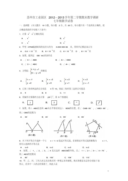 江苏省苏州市工业园区2012-2013学年七年级数学第二学期期末教学调研试卷苏科版