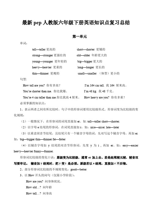 最新pep人教版六年级下册英语知识点复习总结