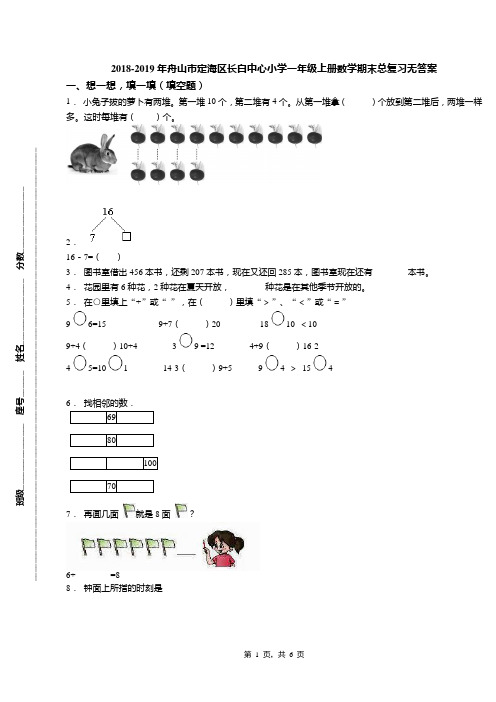 2018-2019年舟山市定海区长白中心小学一年级上册数学期末总复习无答案