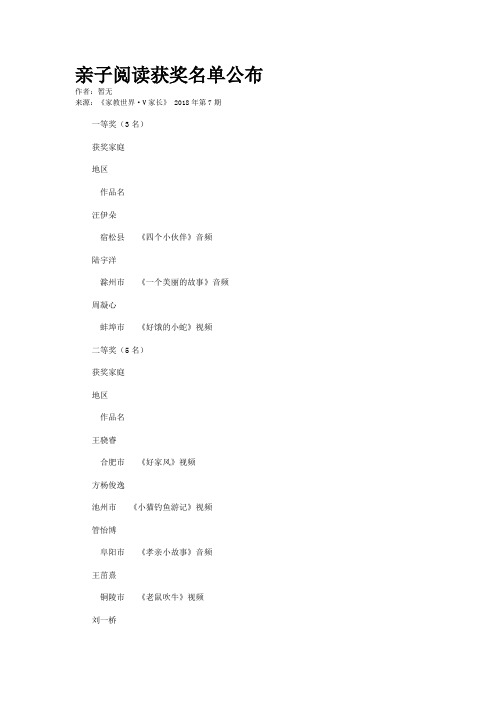 亲子阅读获奖名单公布