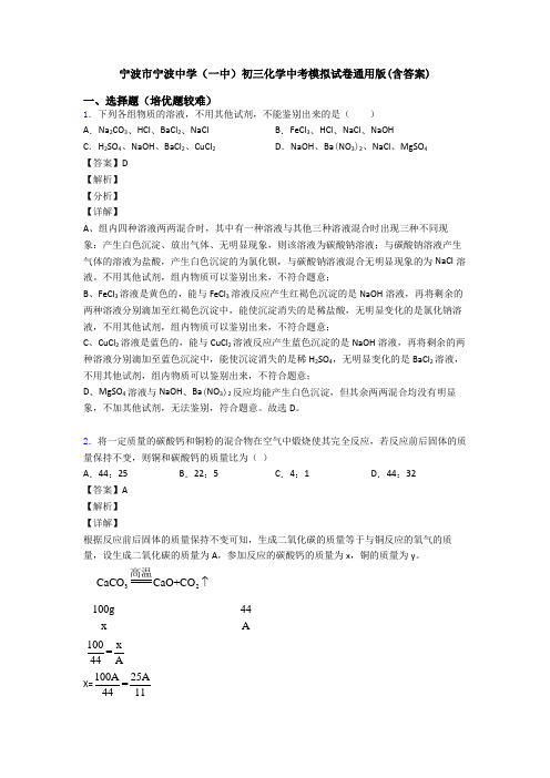 宁波市宁波中学(一中)初三化学中考模拟试卷通用版(含答案)