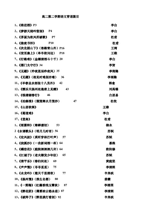 高二第二学期语文推荐背诵篇目