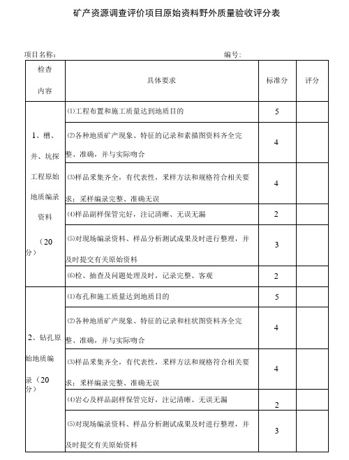 地质勘查项目野外工作原始资料野外验收评分表