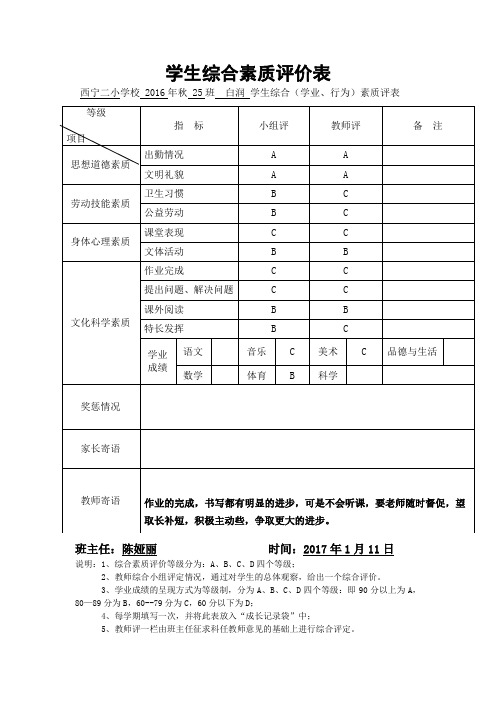 2016春学生综合素质评价表