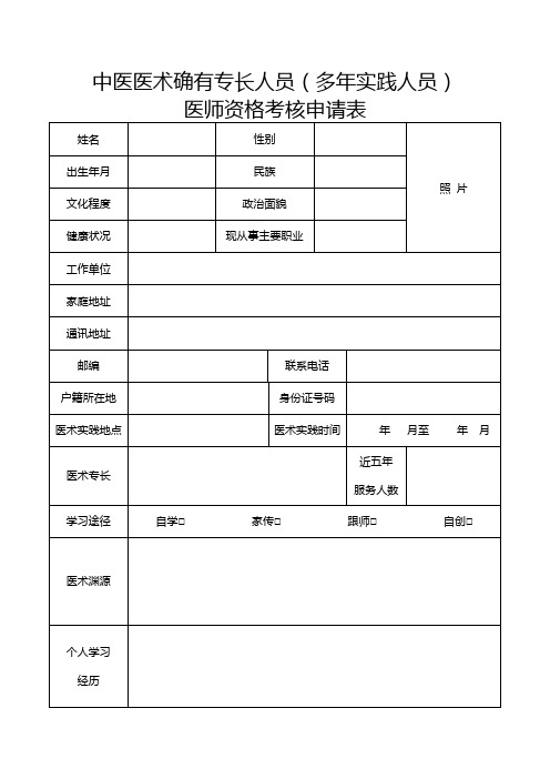 中医医术确有专长人员医师资格考核申请表