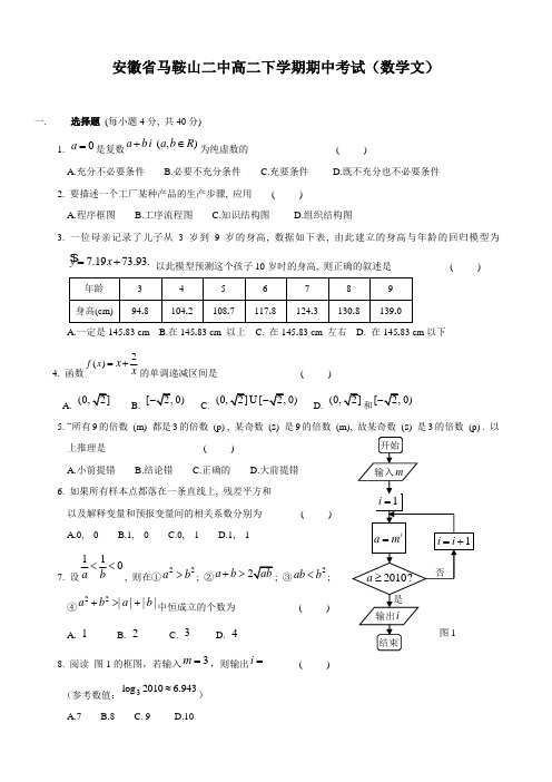 安徽省马鞍山二中高二下学期期中考试(数学文)