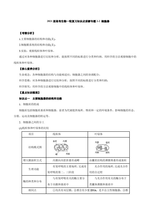 2021届高考生物一轮复习知识点讲解专题2-2 细胞器【含答案】