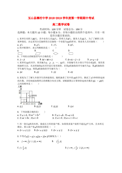 江西省樟村中学2018_2019学年高二数学上学期期中试题(无答案)
