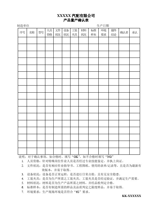 产品量产确认表