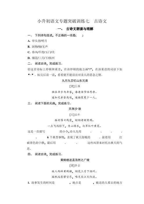 【考前专题突破】六年级下册语文试卷-小升初语文专题突破训练七  古诗文(无答案)-部编版