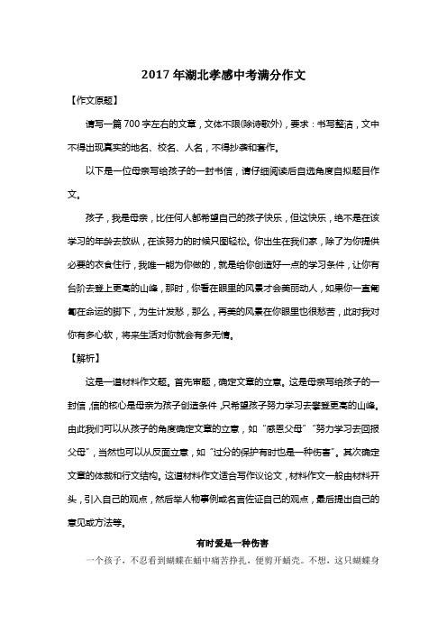 2017年湖北孝感中考满分作文《有时爱是一种伤害》