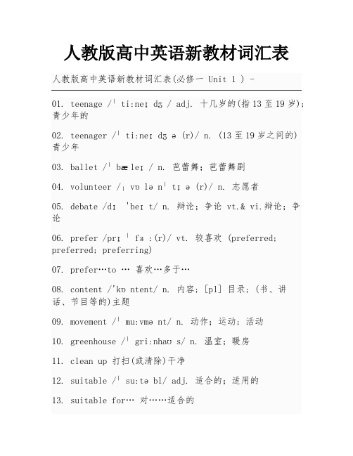 人教版高中英语新教材词汇表