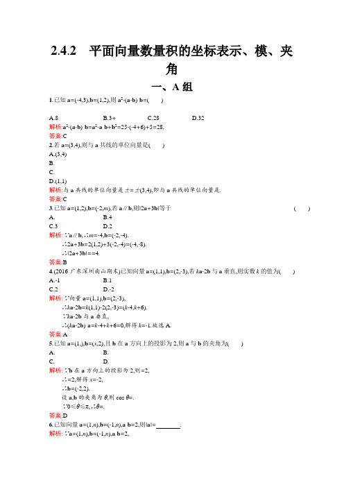 《学考优化指导》2016-2017学年高一数学(人教A版)必修4练习第二章平面向量2.4.2平面向量数量积的坐标表示