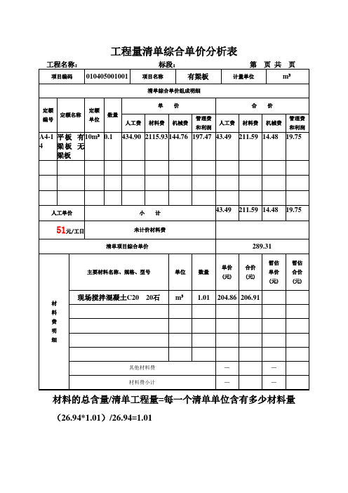 综合单价分析表填写