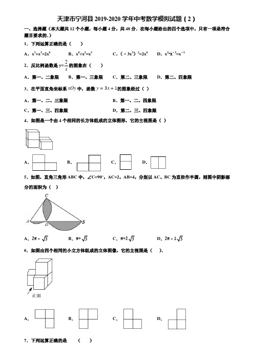 天津市宁河县2019-2020学年中考数学模拟试题(2)含解析