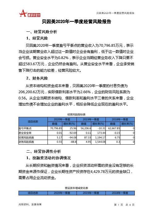 贝因美2020年一季度经营风险报告