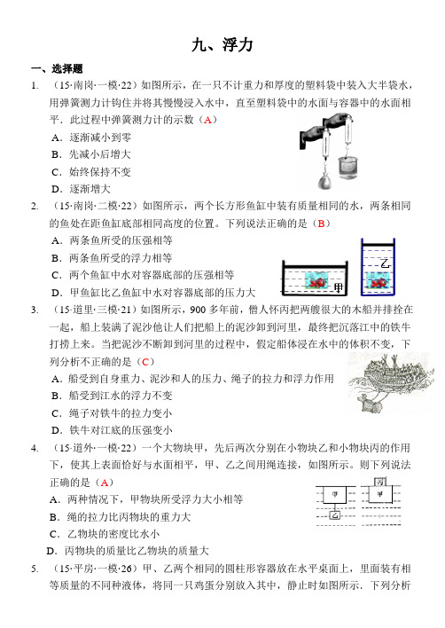 2015哈尔滨市中考物理试题分类汇编  9、浮力