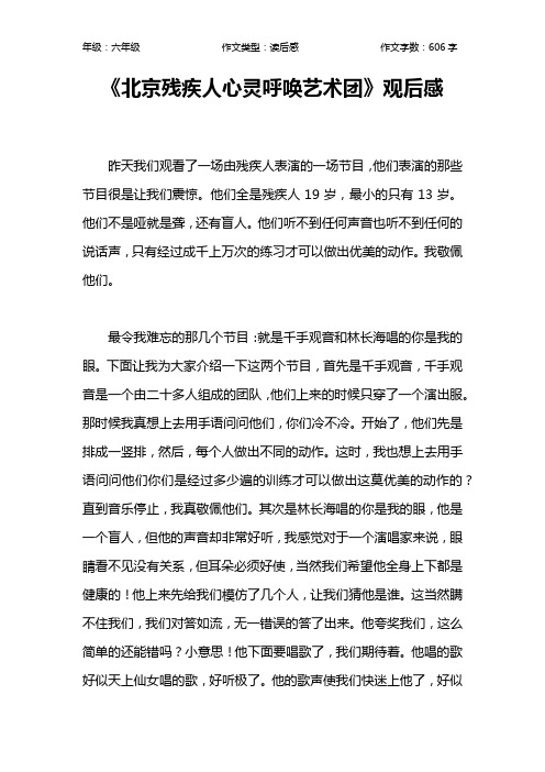 《北京残疾人心灵呼唤艺术团》观后感作文【小学六年级600字】