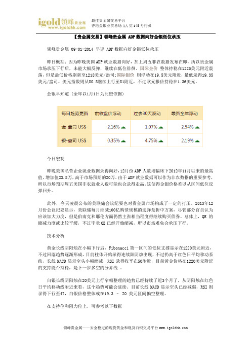 【贵金属交易】ADP数据向好金银低位承压