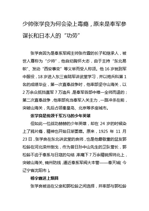 少帅张学良为何会染上毒瘾,原来是奉军参谋长和日本人的“功劳”