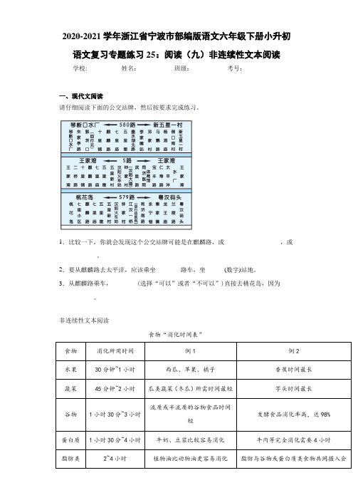 部编版语文六年级下册小升初语文复习专题练习25：阅读(九)非连续性文本阅读
