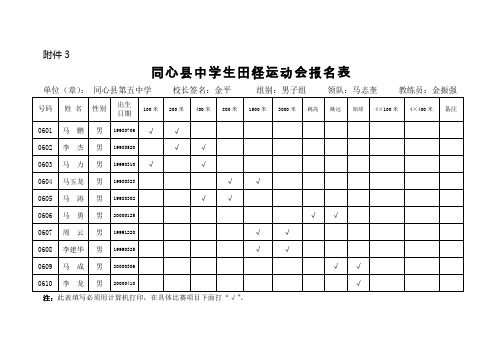 同心县第五中学运动会报名表