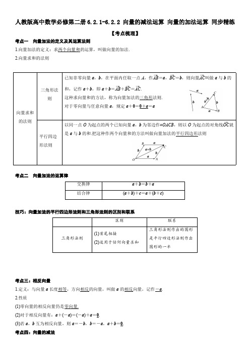 人教版高中数学必修第二册6.2.1-6.2.2 向量的减法运算 向量的加法运算 同步精练(含解析)