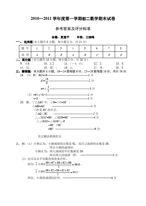 2010-2011 初二数学 参考答案及评分标准