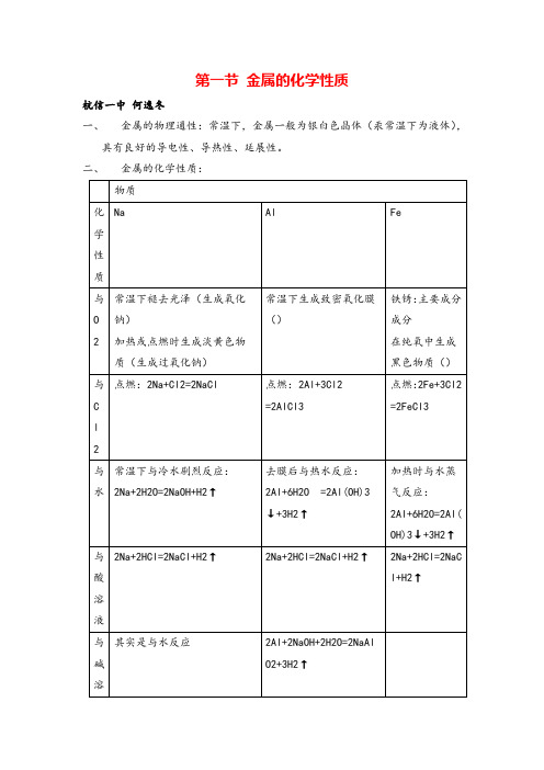 高中化学必修一第三章金属的化学性质知识点