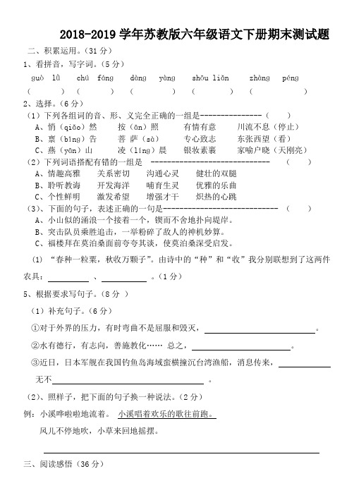 2018-2019学年苏教版六年级语文下册期末测试题