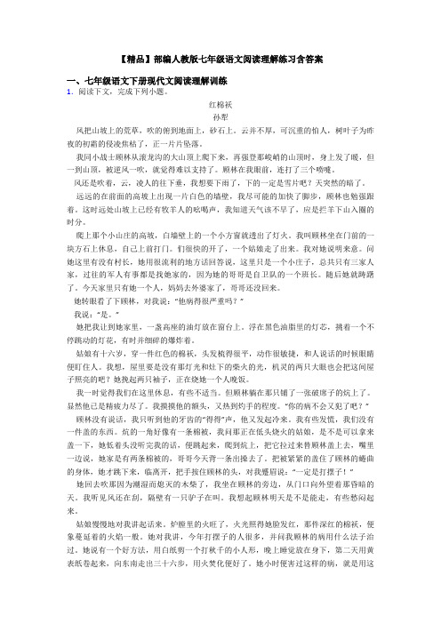 【精品】部编人教版七年级语文阅读理解练习含答案