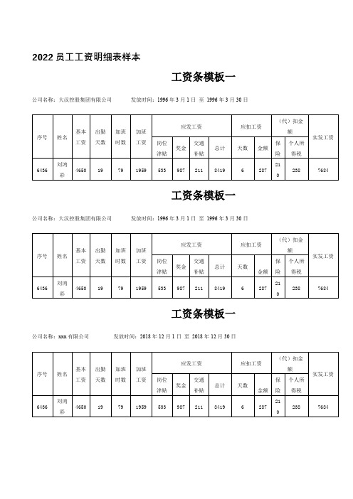 2022员工工资明细表样本