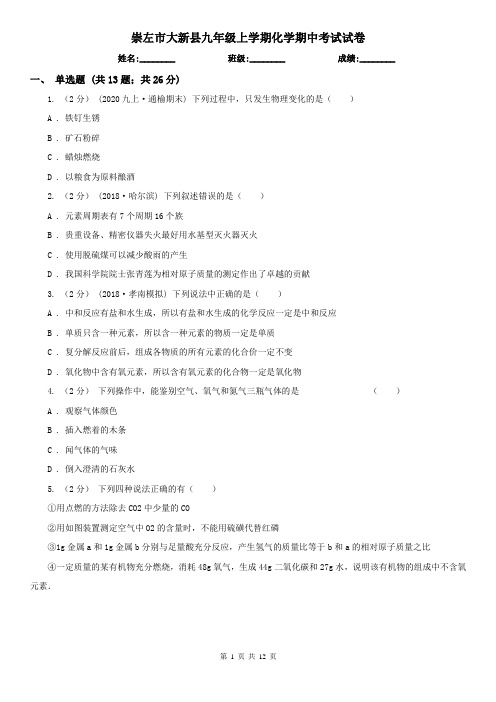 崇左市大新县九年级上学期化学期中考试试卷