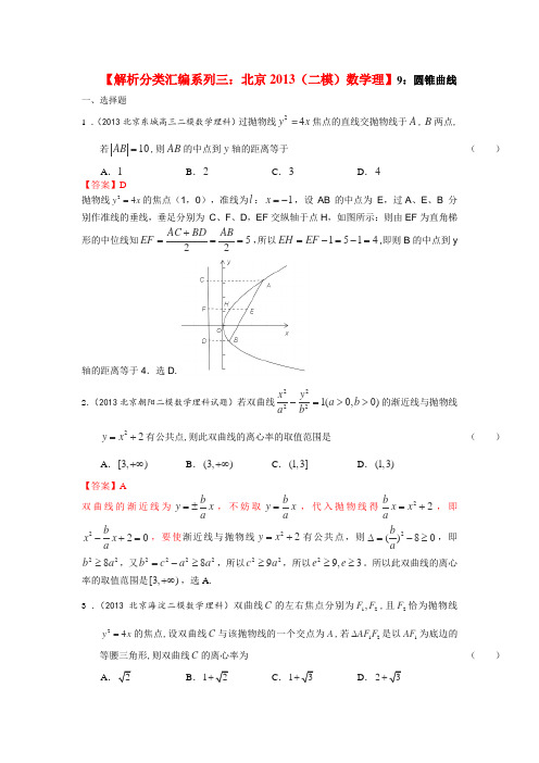 2013年北京高三(二模)数学(理)分类汇编系列三解析版9圆锥曲线