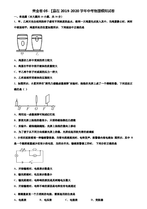 【附15套中考模拟试卷】黄金卷05-【赢在2019-2020学年中考物理模拟试卷含解析