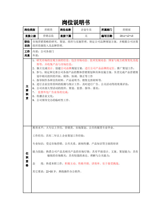 企划专员岗位说明书