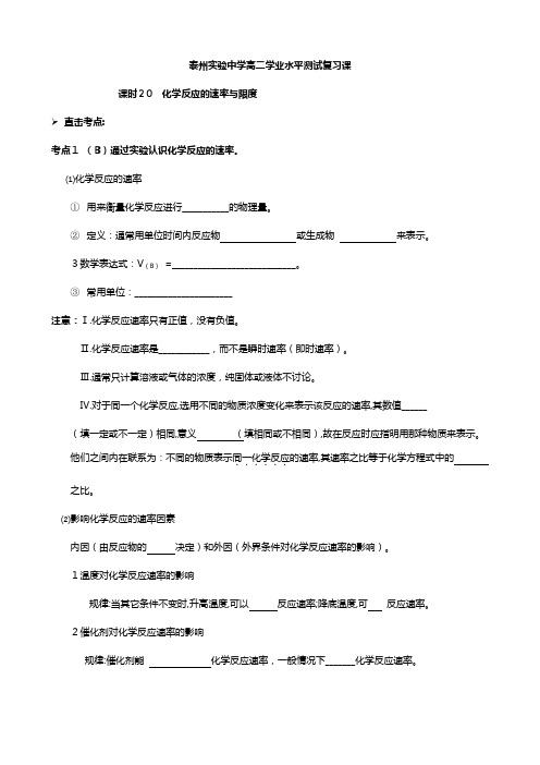 泰州实验中学学业水平测试复习教学案：课时 化学反应速率和化学反应限度 