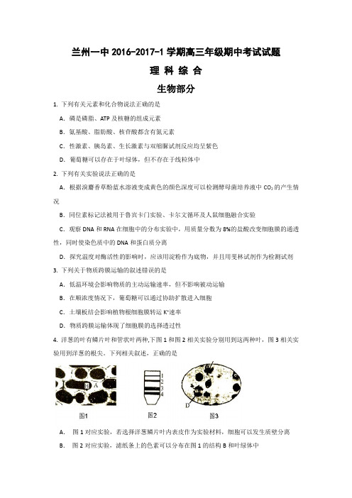 甘肃省兰州市第一中学2017届高三上学期期中考试理科综合-生物试题Word版含答案