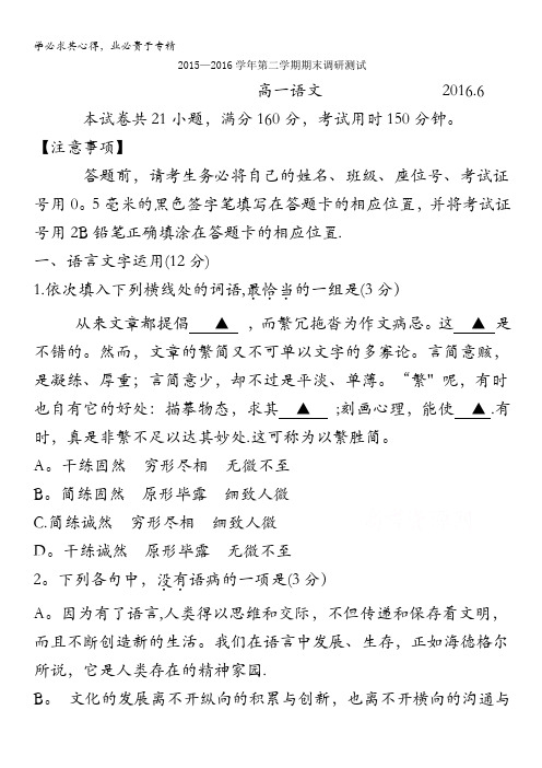 江苏省吴江市盛泽中学2015-2016学年高一下学期期末考试语文试题 含答案byfen