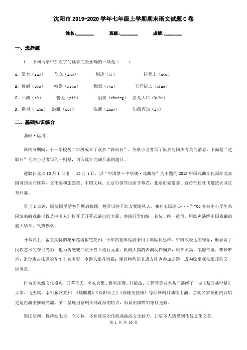 沈阳市2019-2020学年七年级上学期期末语文试题C卷