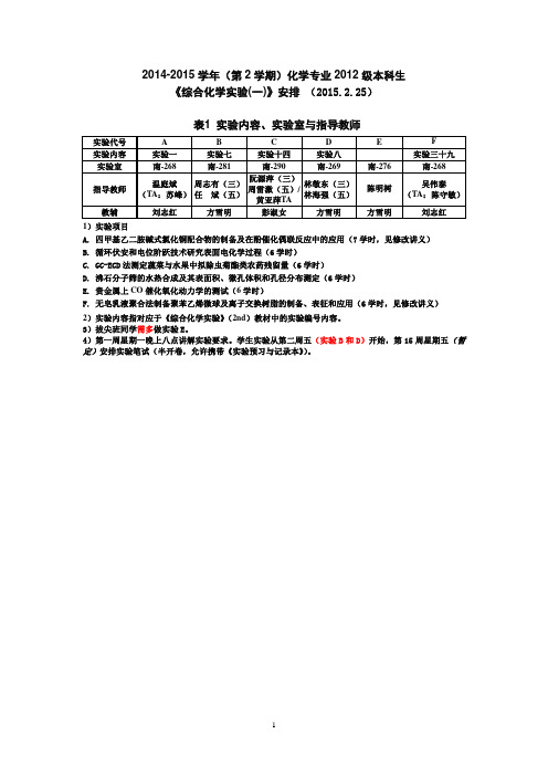 2015综合化学实验(一)安排表-20150308